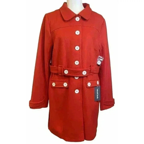 MODCLOTH Wool Coat L Red NWT Peacoat Tie Front Trench Long White Buttons Women’s - Picture 1 of 9